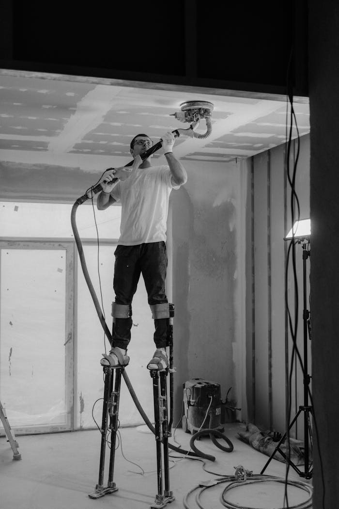 services-01 Worker using stilts and power sander on ceiling in construction site.